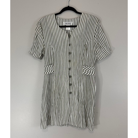 Miss Dorby Vintage Green White Striped Button Front Layered Dress Sz 12 - Picture 1 of 11
